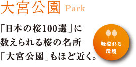 ○大宮公園 Park「日本の桜100選」に 数えられる桜の名所 「大宮公園」もほど近く。